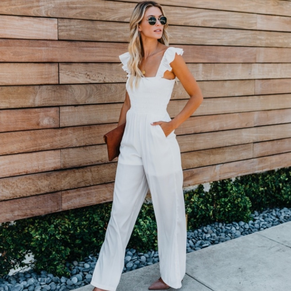 Merriment Smocked Pocketed Jumpsuit - Ivory
